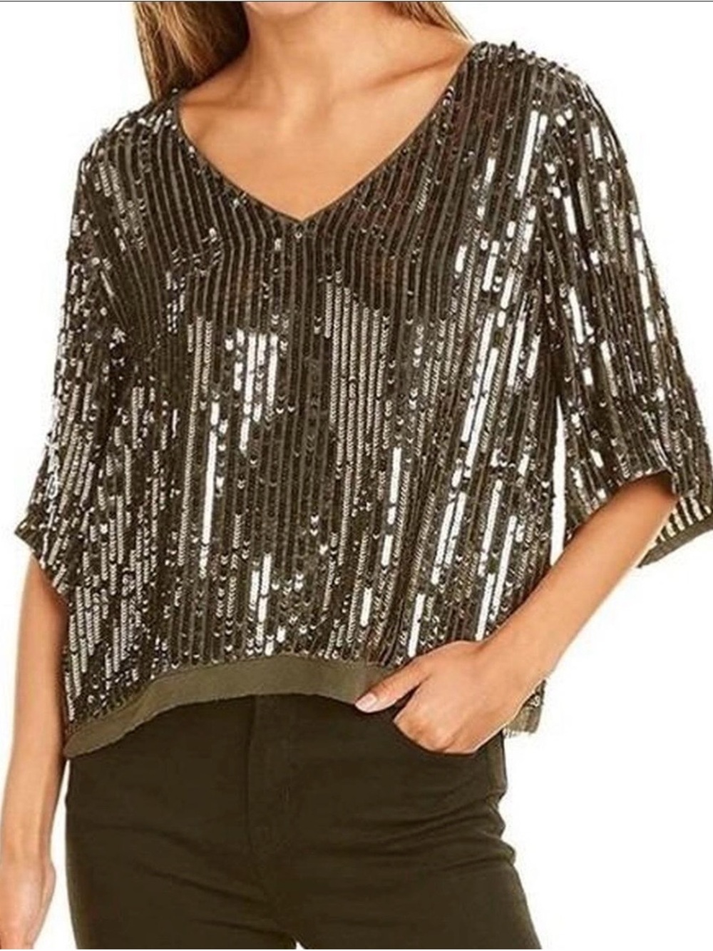 Velvet Olive Sequin V-Neck Boxy Top L